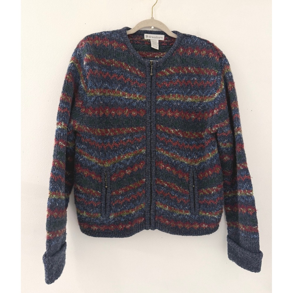 Dressbarn Womens Vintage Geometric Zigzag Stripe Zip Up Knit Cardigan Sweater L
